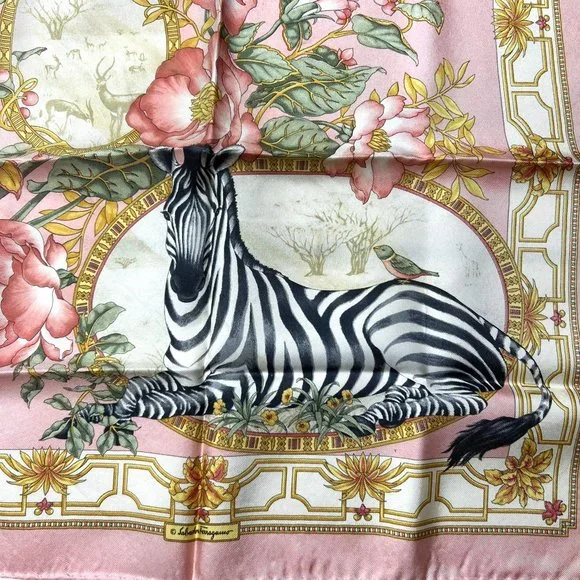 FERRAGAMO: Pink Floral & Zebra  Logo Silk Bag Scarf/Pocket Square 16" x 16" #135 - Picture 2 of 5